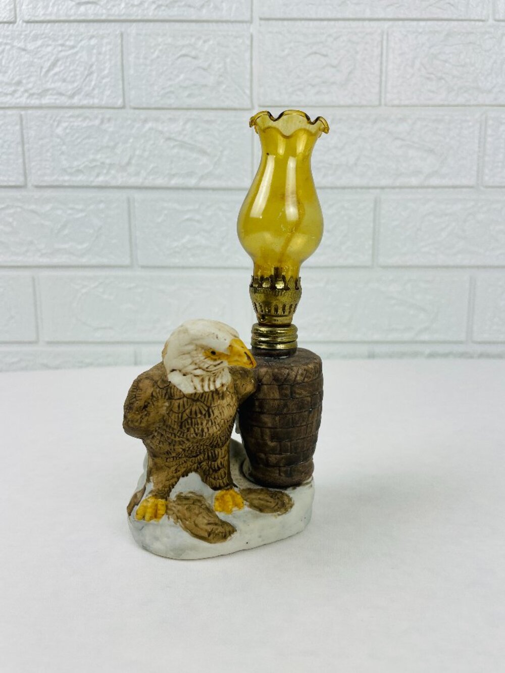 Vintage Miniature Bald Eagle Ceramic Oil Lamp Amber Glass Chimney Made in Taiwan